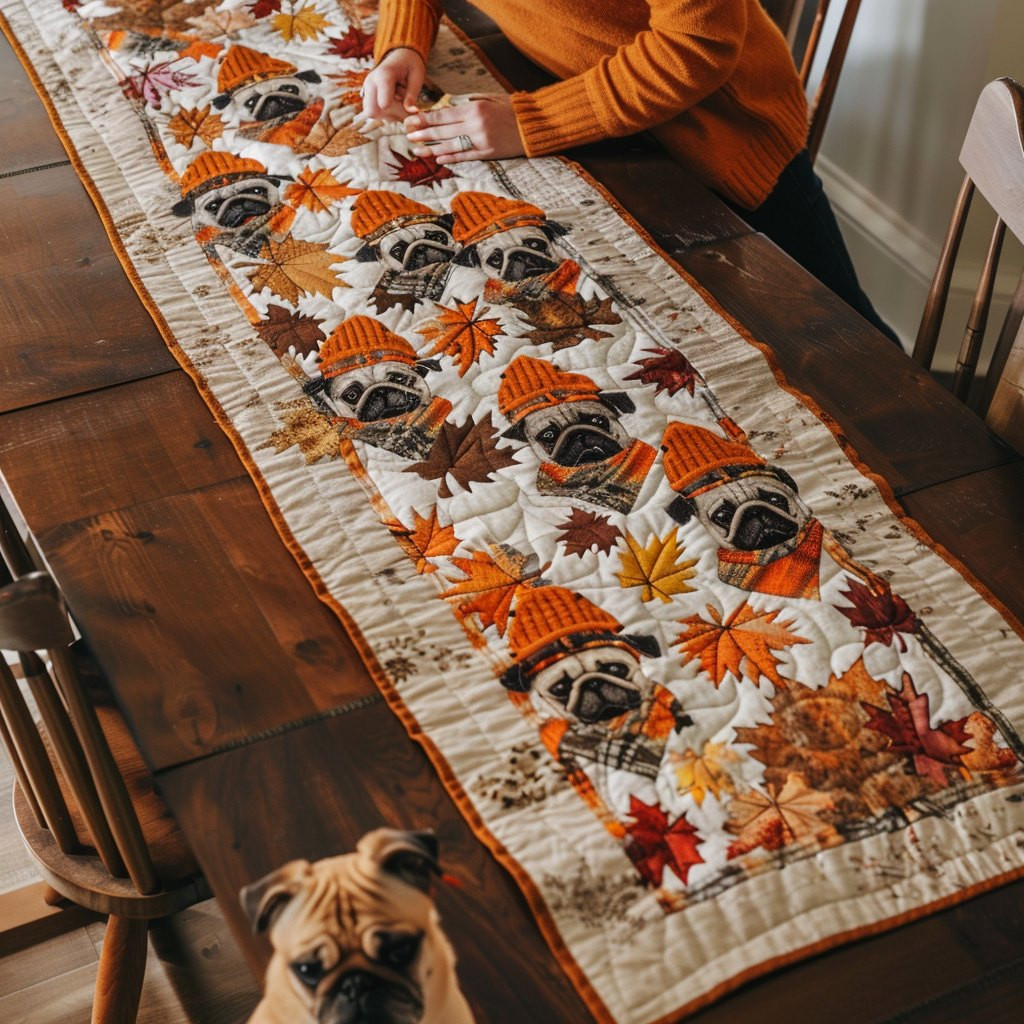Pugs and Falling Leaves on Cream Table Runner - Made to Order TABLE928