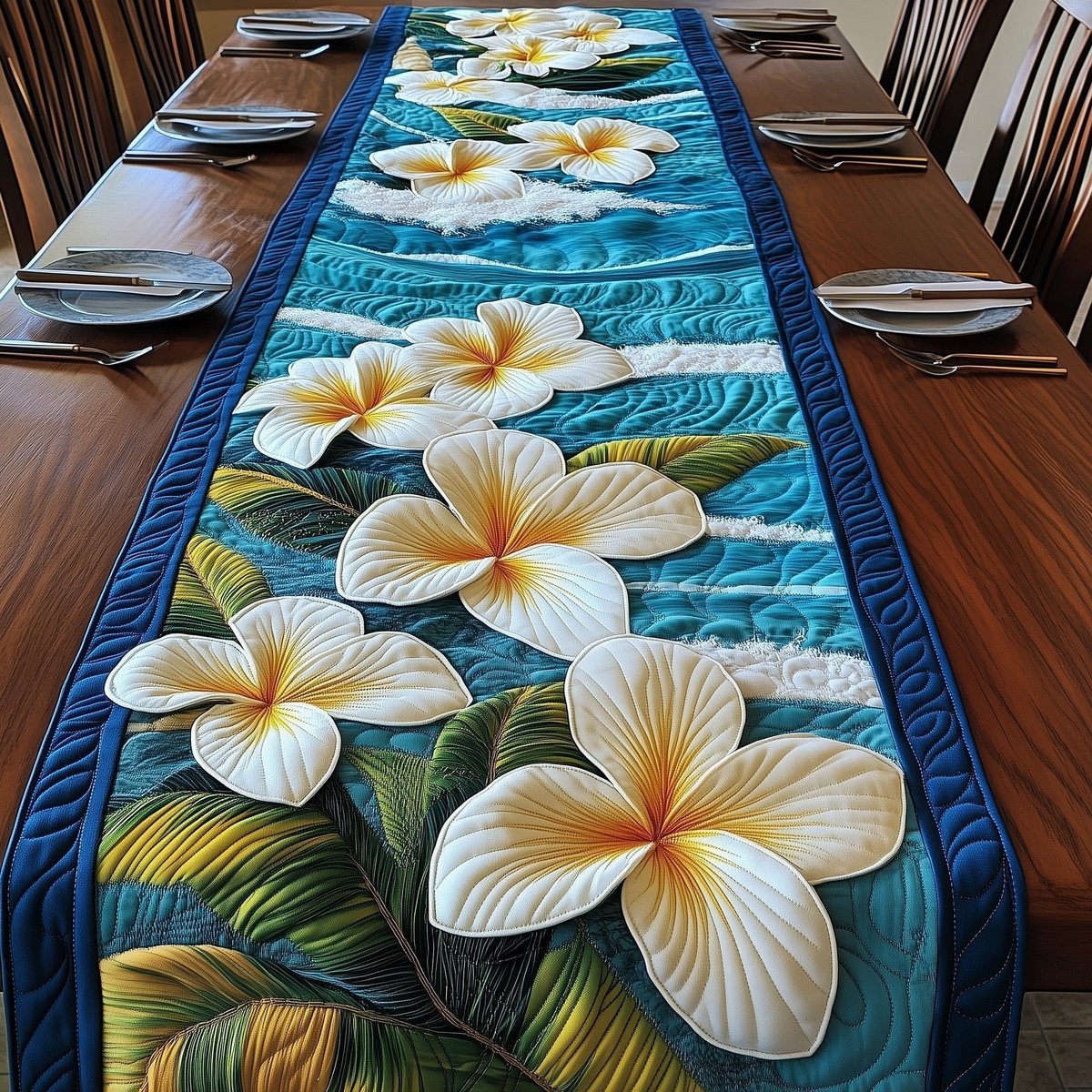 Plumeria on Teal Blue Waves Table Runner - Made to Order TABLE928