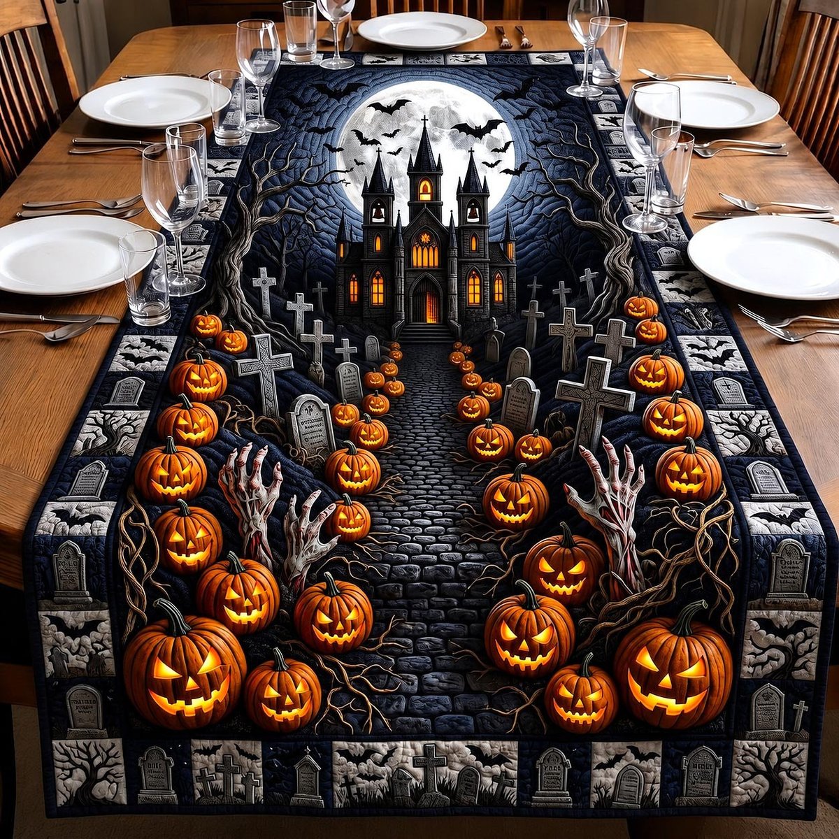 Pumpkin Path to Haunted Castle Table Runner - Made to Order TABLE928