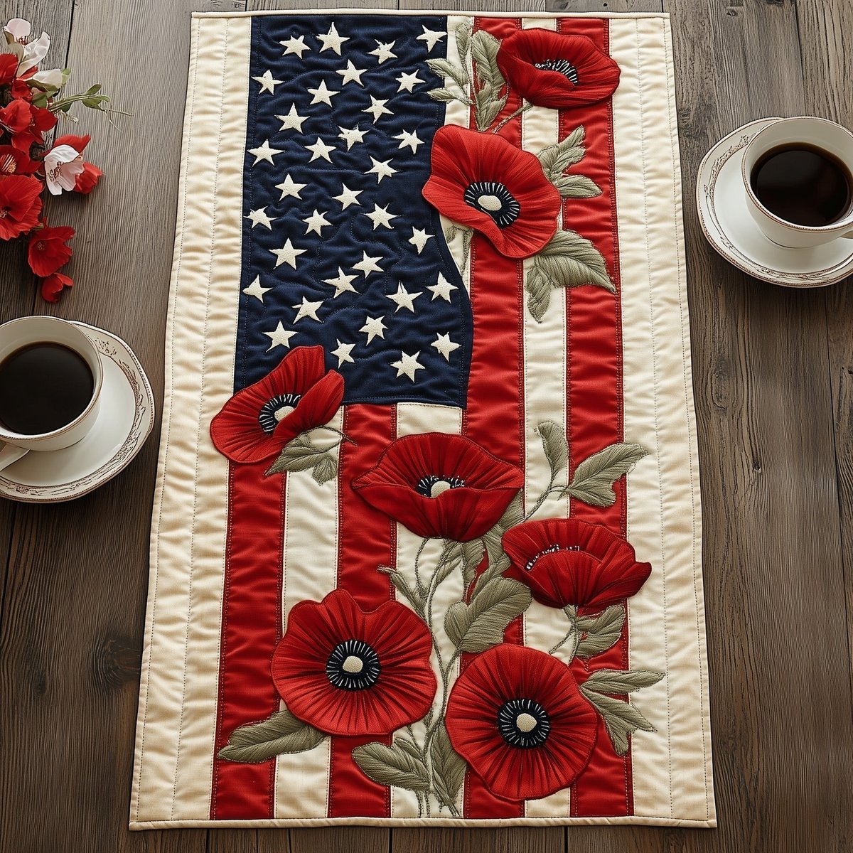 Poppies Beside Vertical Flag Stripes Table Runner - Made to Order TABLE928