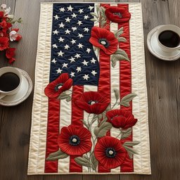 Poppies Beside Vertical Flag Stripes Table Runner - Made to Order TABLE928
