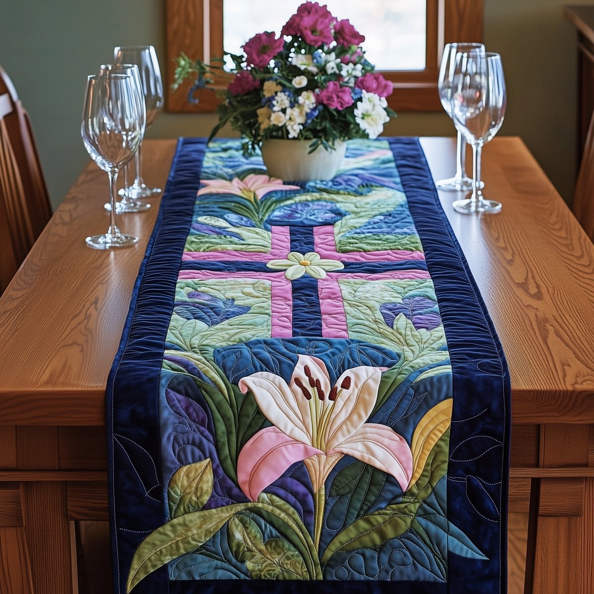 Pink Cross with White Lilies Table Runner - Made to Order TABLE928