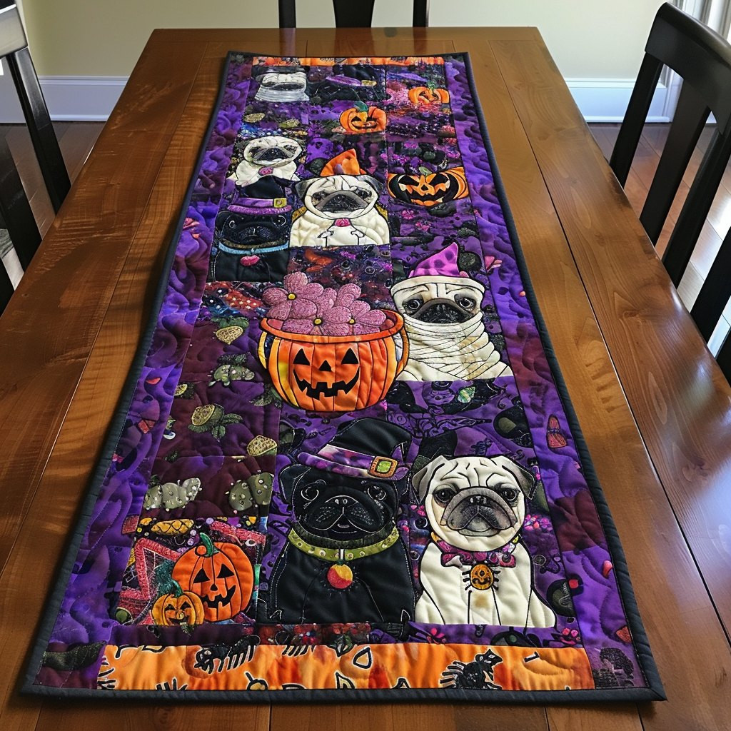 Pugs with Pumpkins and Costumes Table Runner - Made to Order TABLE928
