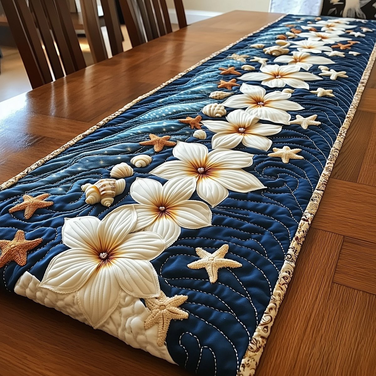 Plumeria and Seashells on Navy Table Runner - Made to Order TABLE928