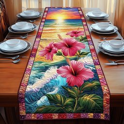Pink Hibiscus over Ocean Wave Table Runner - Made to Order TABLE928