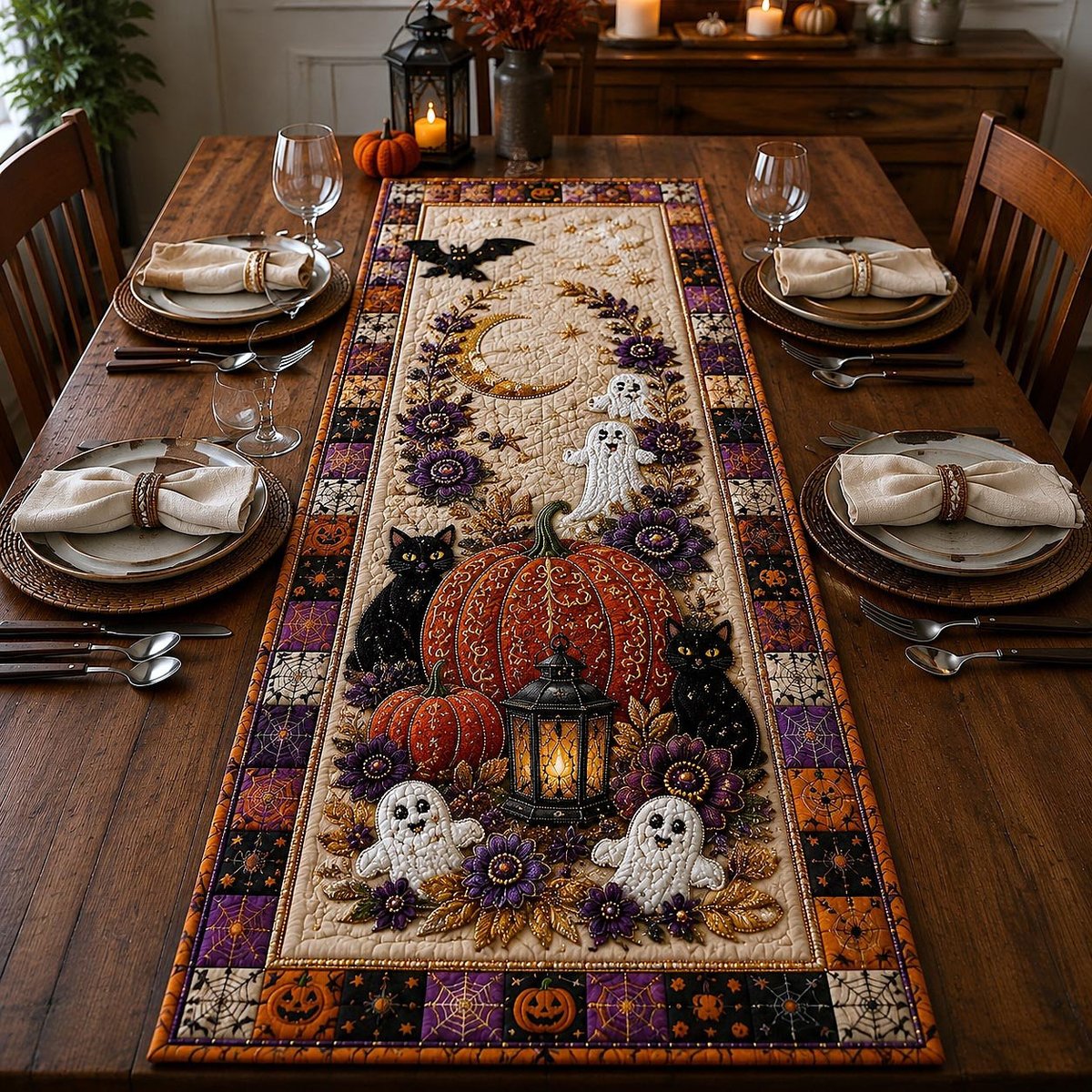 Pumpkin Lantern with Purple Ghosts Table Runner - Made to Order TABLE928