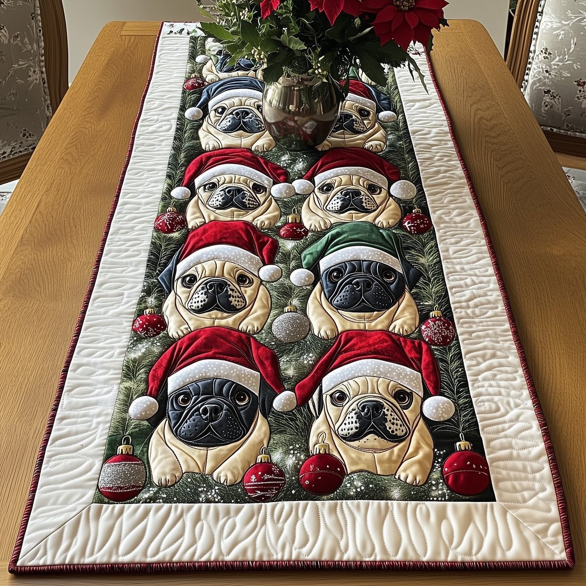 Pugs and Frenchies in Santa Hats Table Runner - Made to Order TABLE928