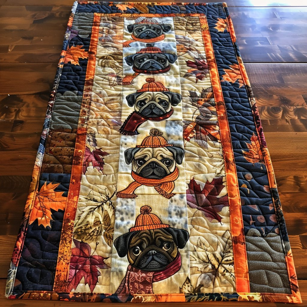 Pug in Knit Hat on Navy Table Runner - Made to Order TABLE928