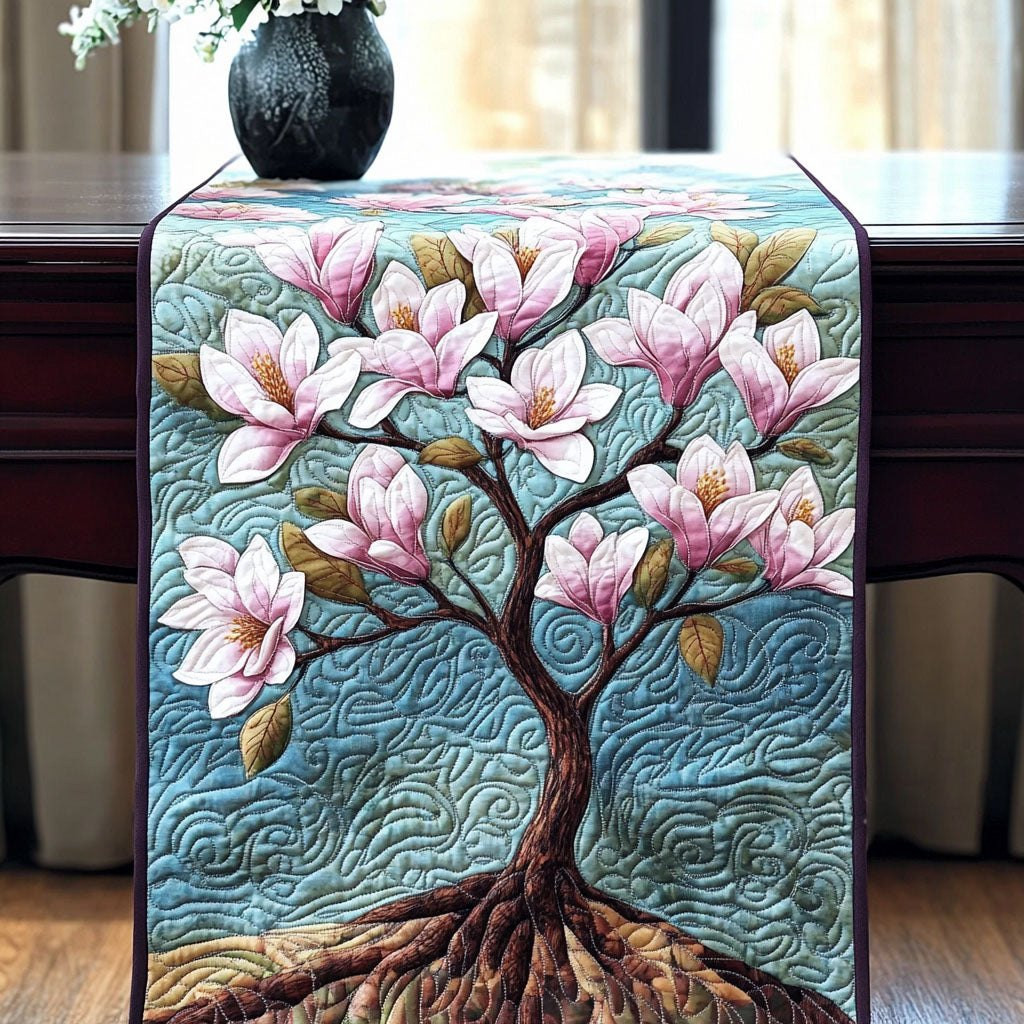 Pink Magnolia Tree on Teal Table Runner - Made to Order TABLE928