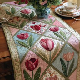 Pink Tulips in Ivory Squares Table Runner - Made to Order TABLE928