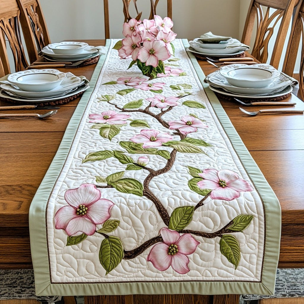 Pink Dogwood Blossoms with Green Trim Table Runner - Made to Order TABLE928