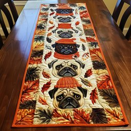 Pugs in Orange Scarves and Hats Table Runner - Made to Order TABLE928