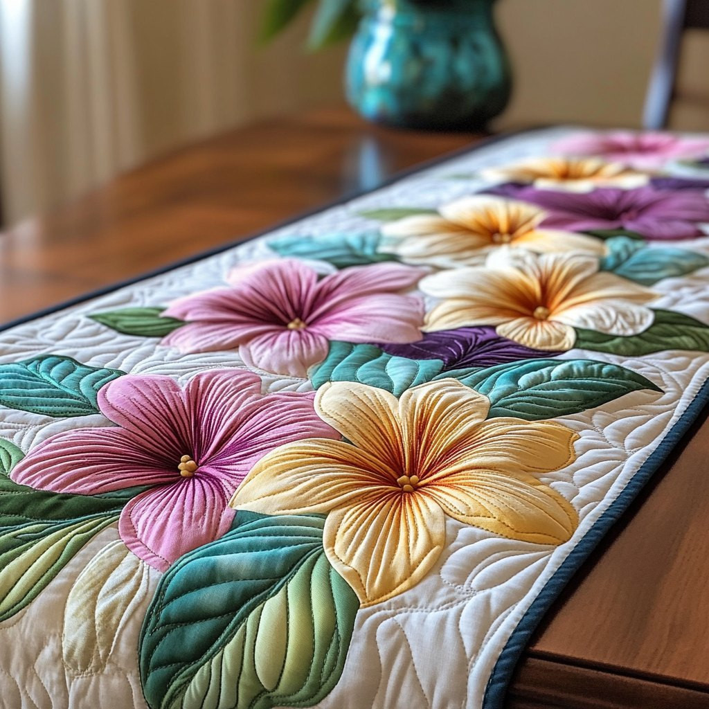 Pink and Cream Plumeria Blooms Table Runner - Made to Order TABLE928