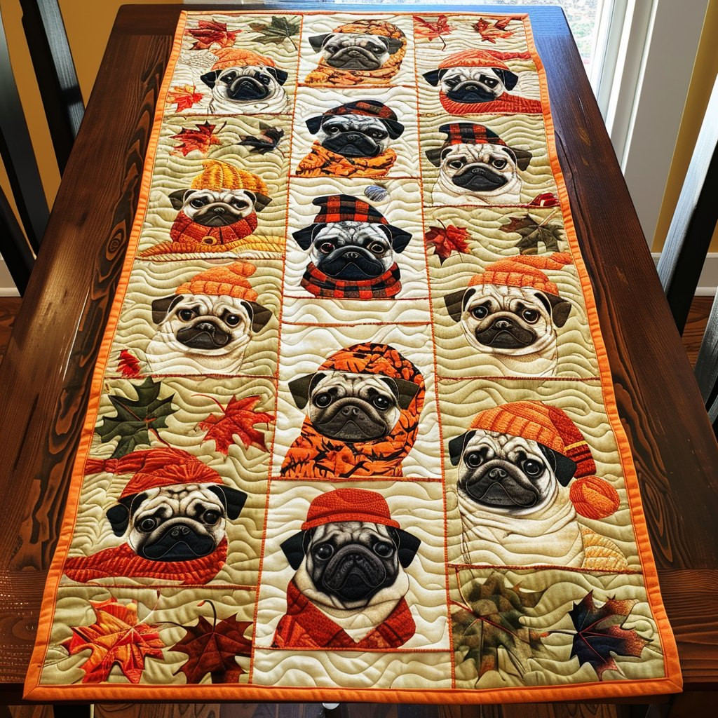 Pugs in Scarves Between Leaf Blocks Table Runner - Made to Order TABLE928