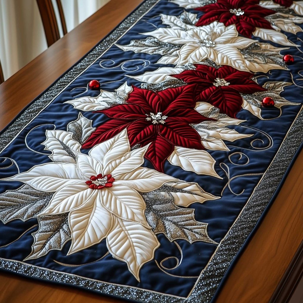 Poinsettias on Navy with Silver Trim Table Runner - Made to Order TABLE928