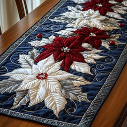 Poinsettias on Navy with Silver Trim Table Runner - Made to Order TABLE928