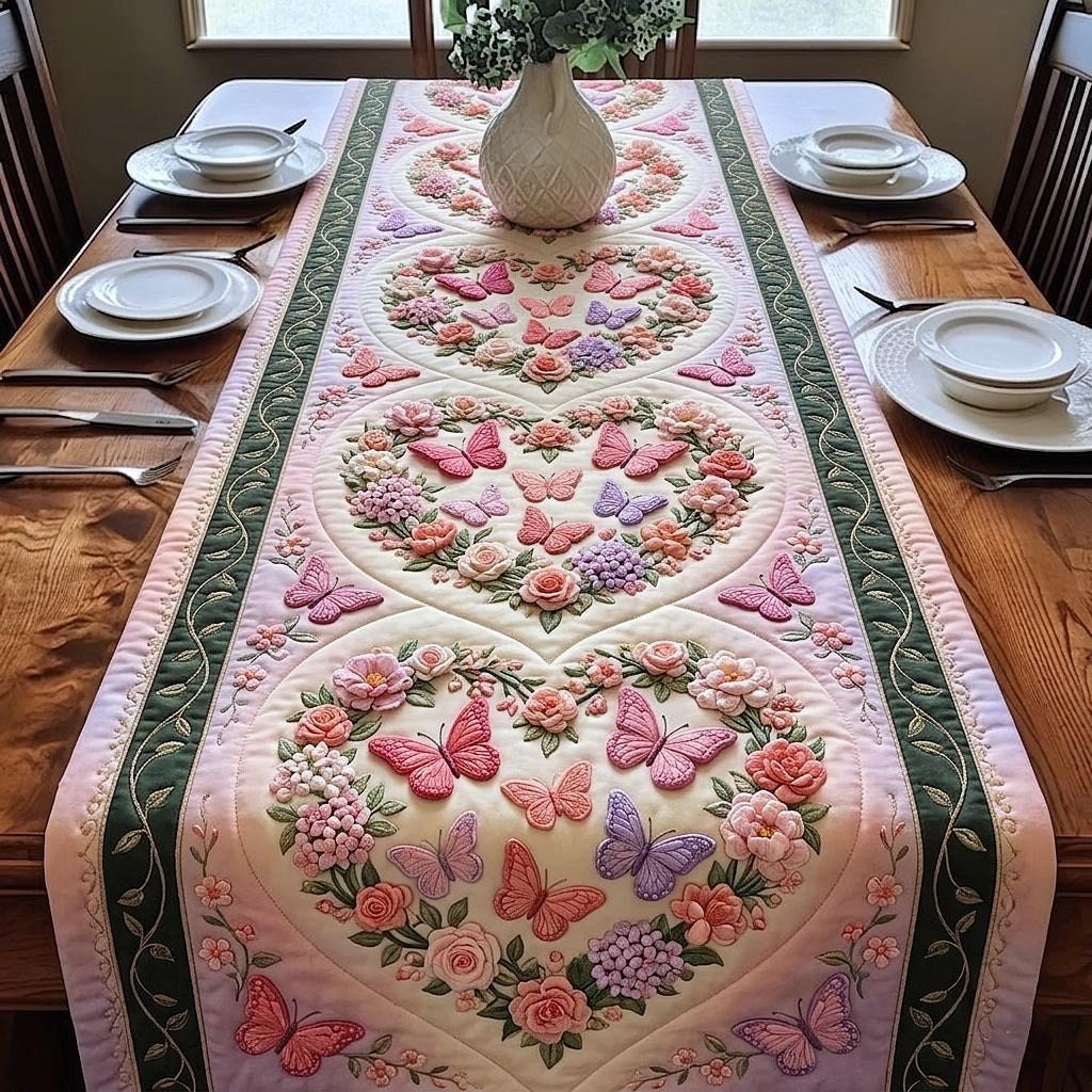 Pink Butterfly Hearts with Roses Table Runner - Made to Order TABLE928