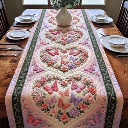 Pink Butterfly Hearts with Roses Table Runner - Made to Order TABLE928