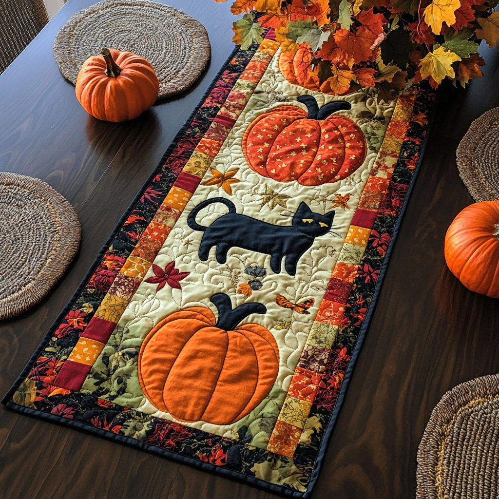 Pumpkin Black Cat Table Runner - Made to Order TABLE928