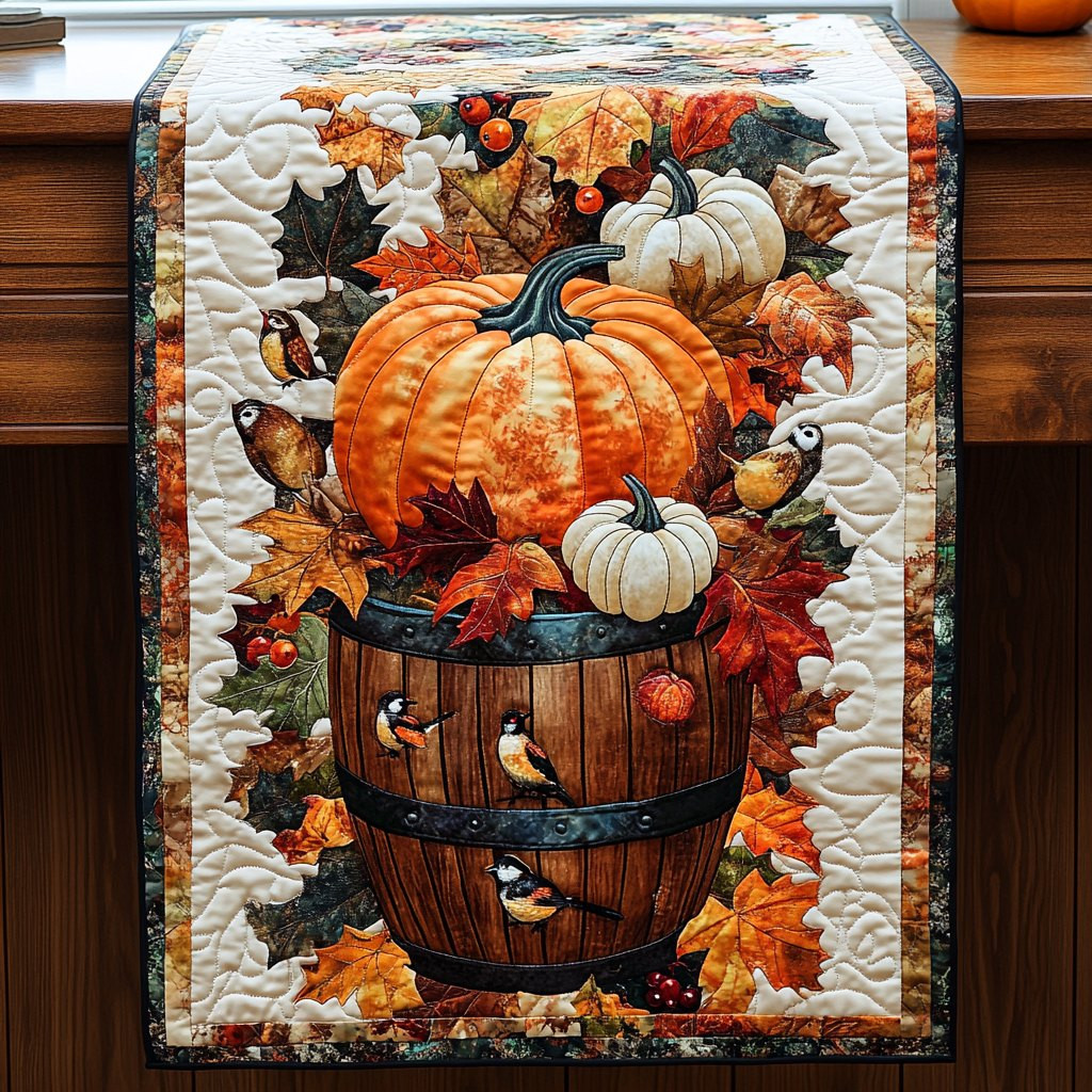 Pumpkins in a Barrel with Chickadees Table Runner - Made to Order TABLE928