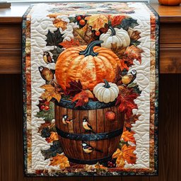 Pumpkins in a Barrel with Chickadees Table Runner - Made to Order TABLE928