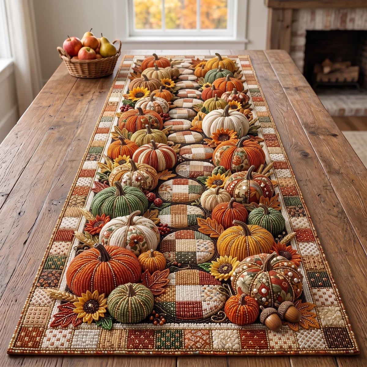 Pumpkin Pile on Checkered Border Table Runner - Made to Order TABLE928
