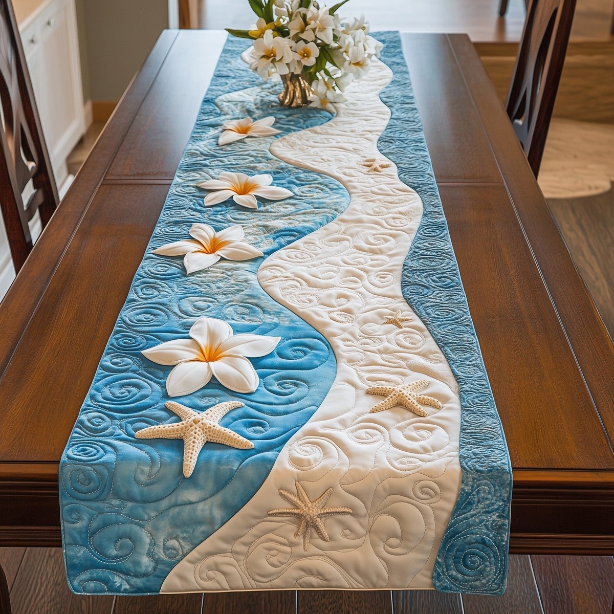 Plumeria Along a Pale Blue Stream Table Runner - Made to Order TABLE928