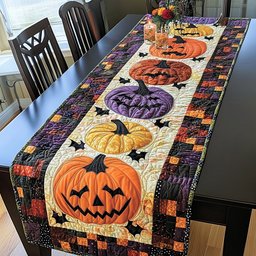 Pumpkin Row Jack o Lantern with Bats on Purple Table Runner - Made to Order TABLE928