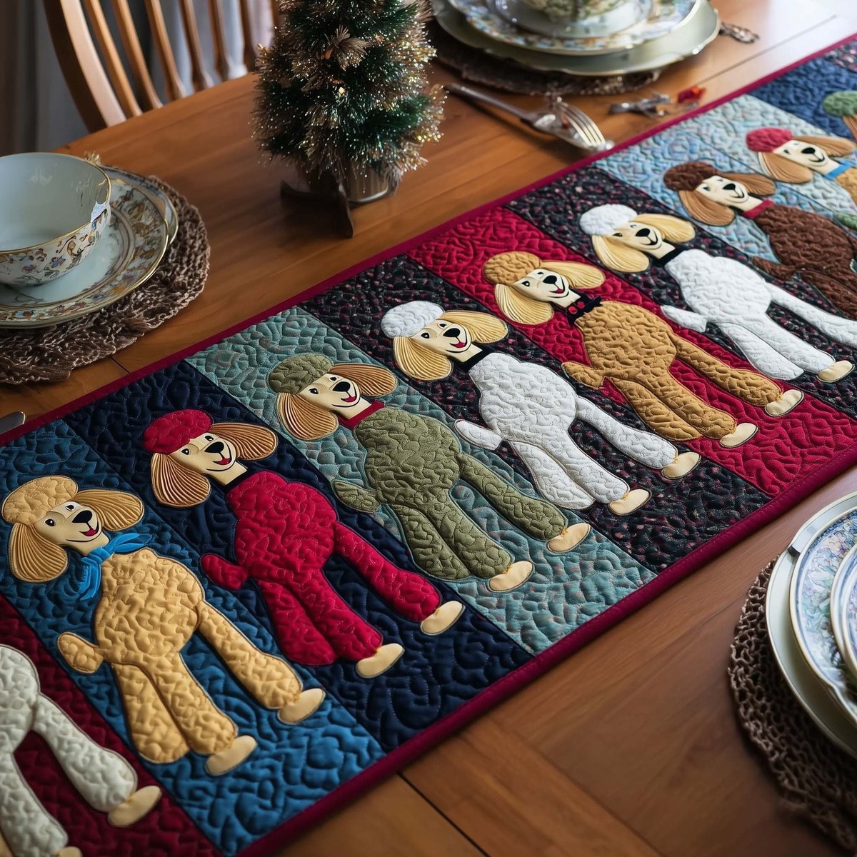 Poodles in Red and Blue Table Runner - Made to Order TABLE928