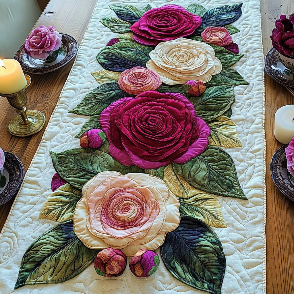Pink and Cream Roses on White Table Runner - Made to Order TABLE928