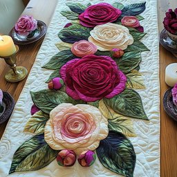 Pink and Cream Roses on White Table Runner - Made to Order TABLE928