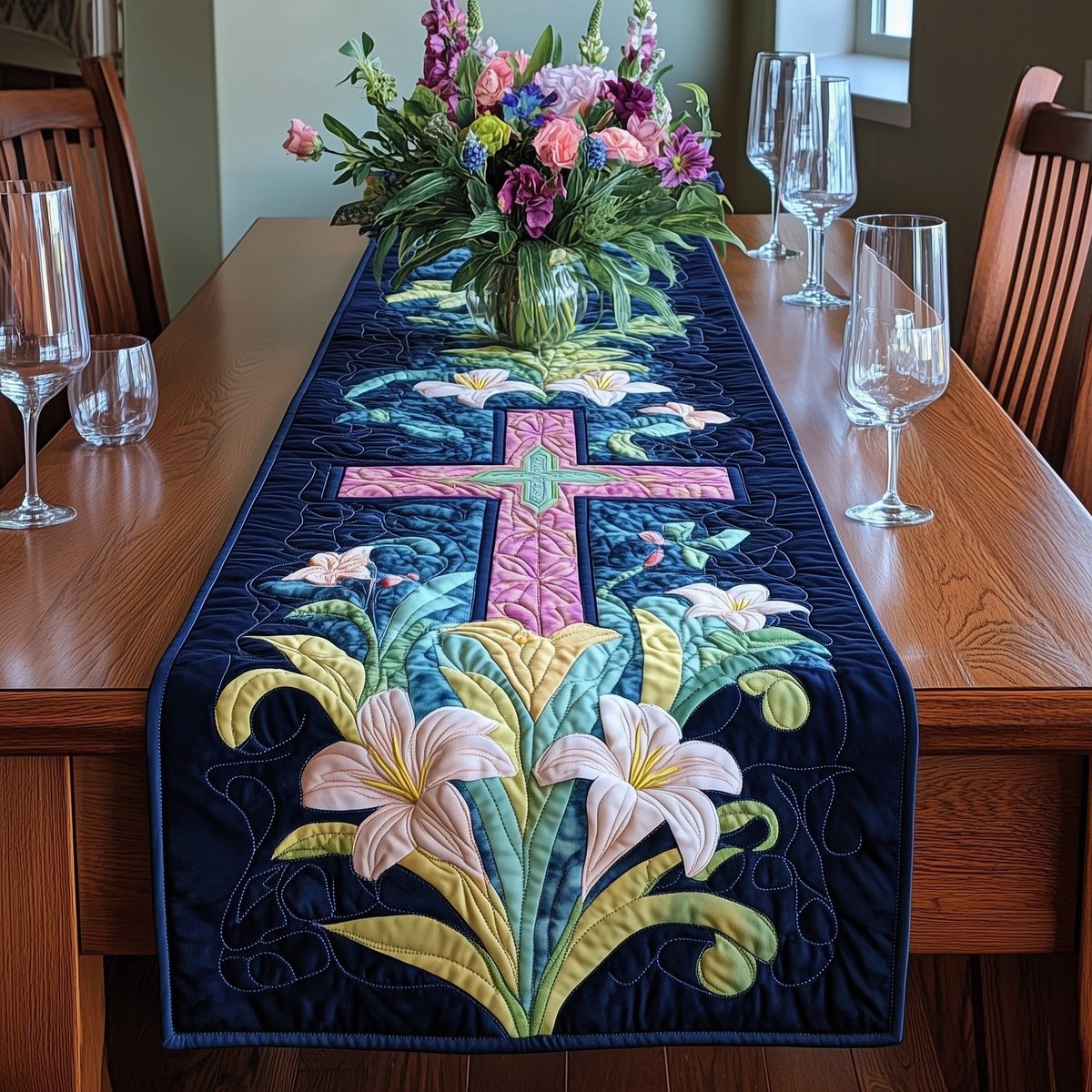 Pink Cross with Lilies on Navy Table Runner - Made to Order TABLE928