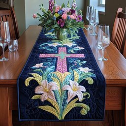 Pink Cross with Lilies on Navy Table Runner - Made to Order TABLE928