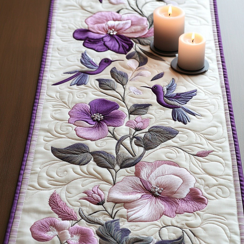 Pink and Purple Blooms on Cream Table Runner - Made to Order TABLE928
