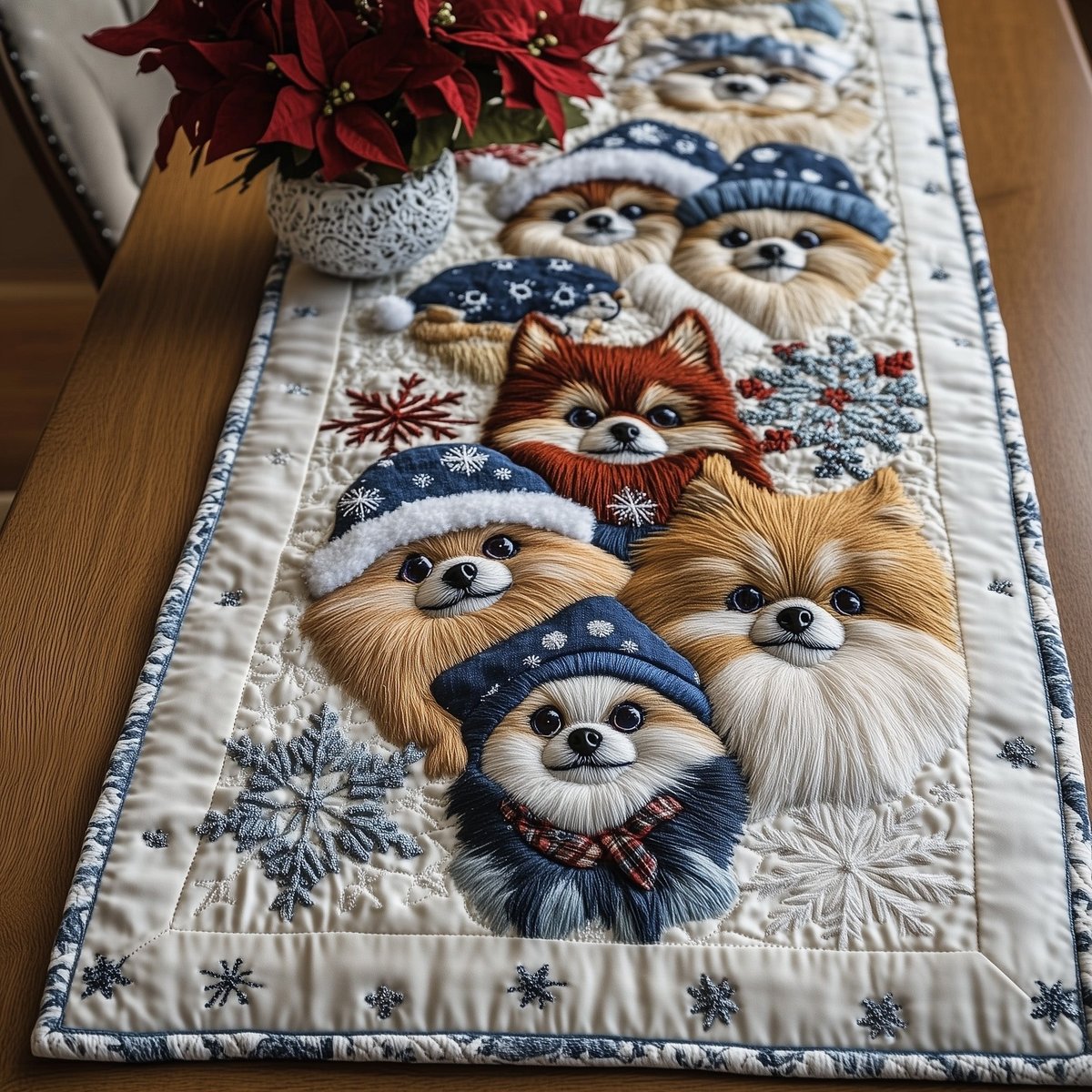 Pomeranians in Blue Winter Hats Table Runner - Made to Order TABLE928