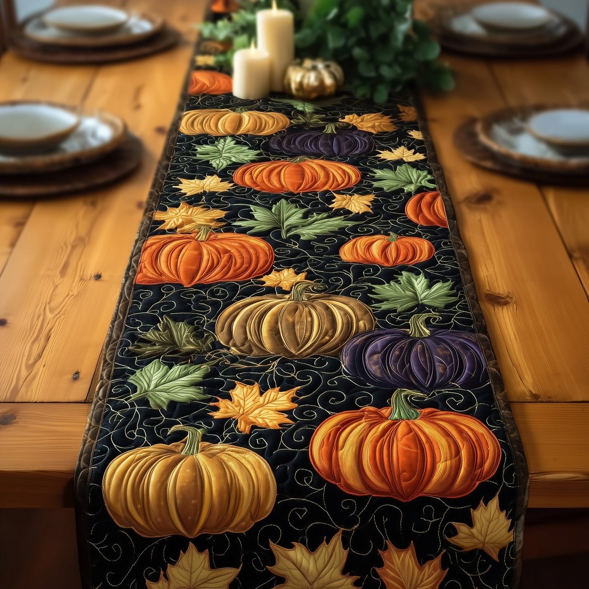 Pumpkin Row on Black Background Table Runner - Made to Order TABLE928