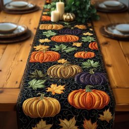 Pumpkin Row on Black Background Table Runner - Made to Order TABLE928