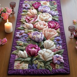 Pink Tulips with Purple Border Table Runner - Made to Order TABLE928