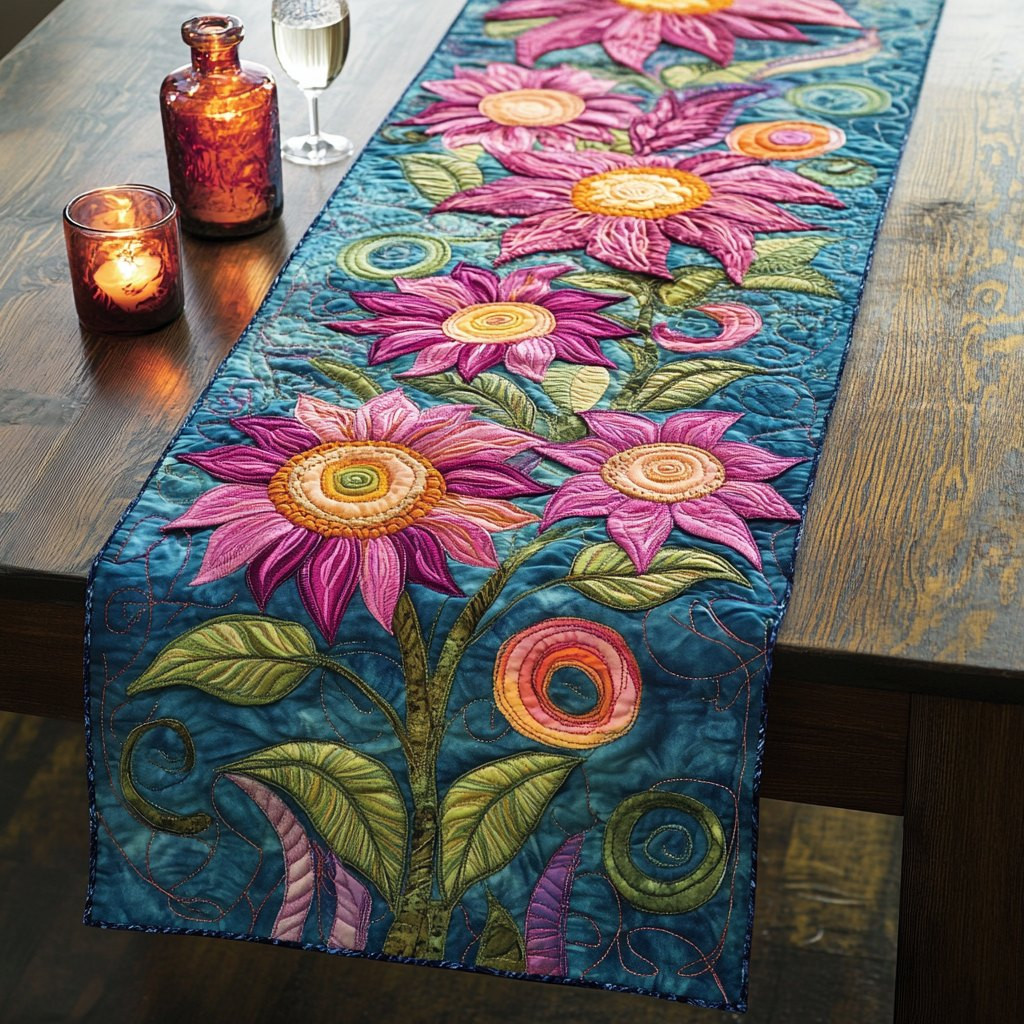 Pink and Orange Daisies on Teal Table Runner - Made to Order TABLE928