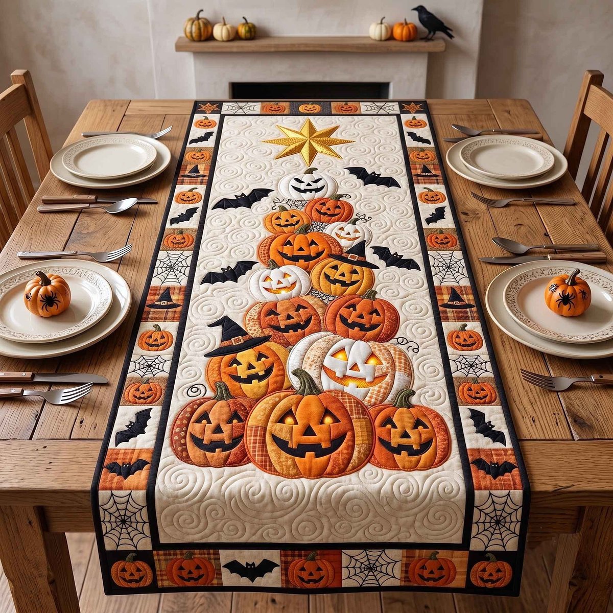 Pumpkin Stack with Bats and Star Table Runner - Made to Order TABLE928