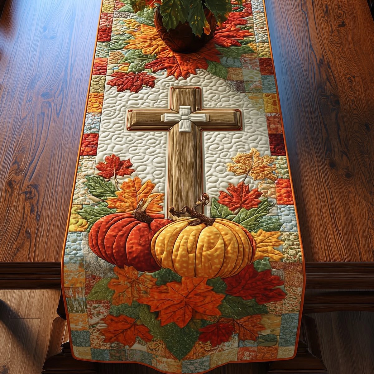 Pale Wooden Cross with Pumpkins Table Runner - Made to Order TABLE928