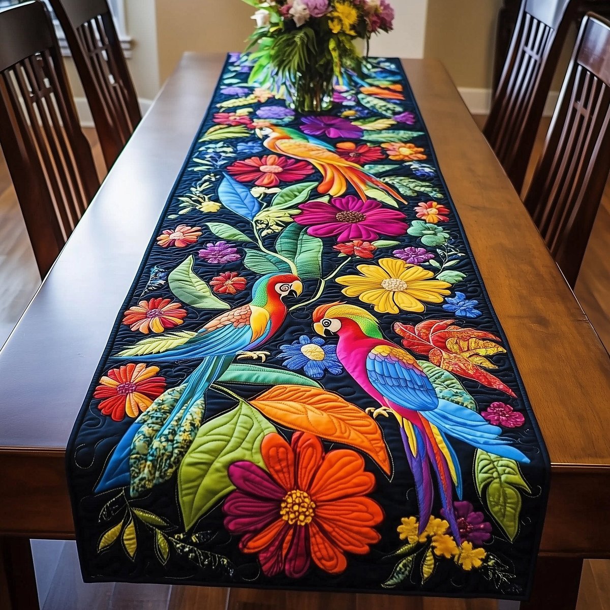 Parrots Among Bright Flowers on Black Table Runner - Made to Order TABLE928
