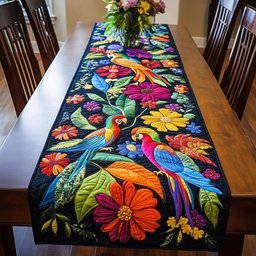 Parrots Among Bright Flowers on Black Table Runner - Made to Order TABLE928