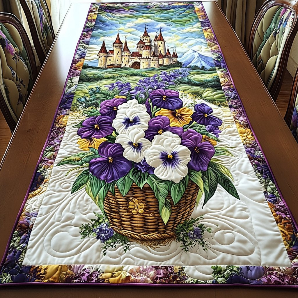 Pansy Basket in Purple and White Table Runner - Made to Order TABLE928