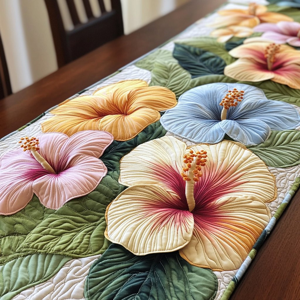Pastel Hibiscus Blooms with Green Leaves Table Runner - Made to Order TABLE928