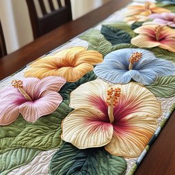 Pastel Hibiscus Blooms with Green Leaves Table Runner - Made to Order TABLE928