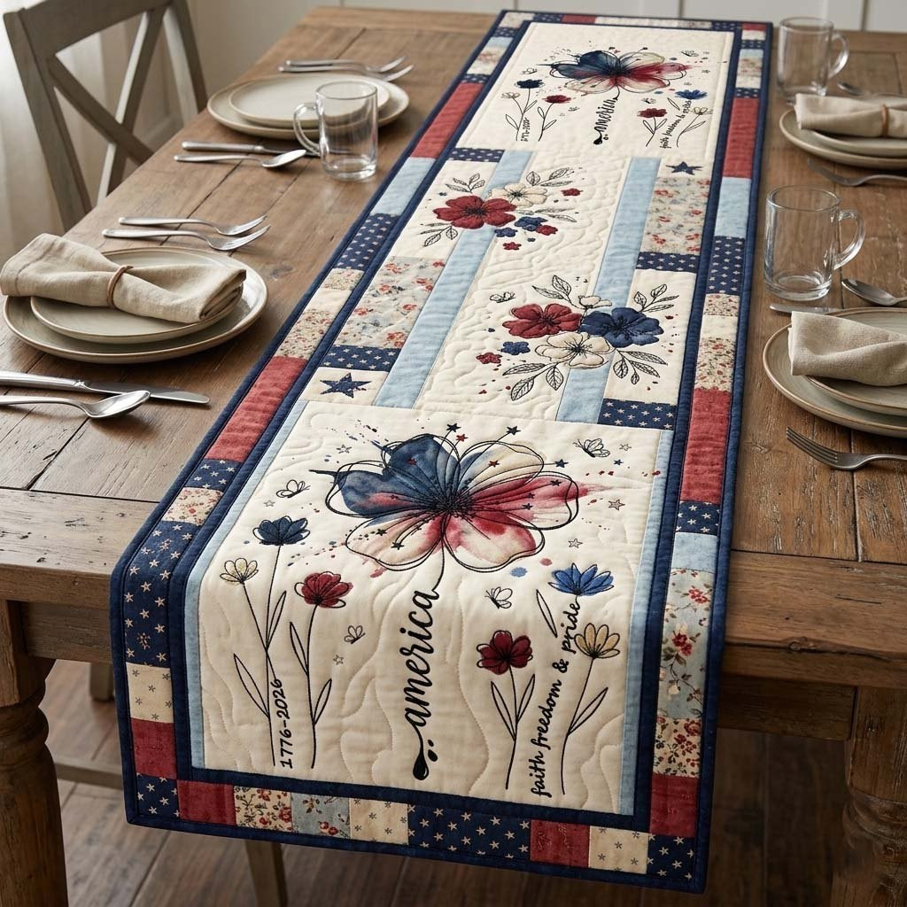 Pale Blue Blooms with America Script Table Runner - Made to Order TABLE928