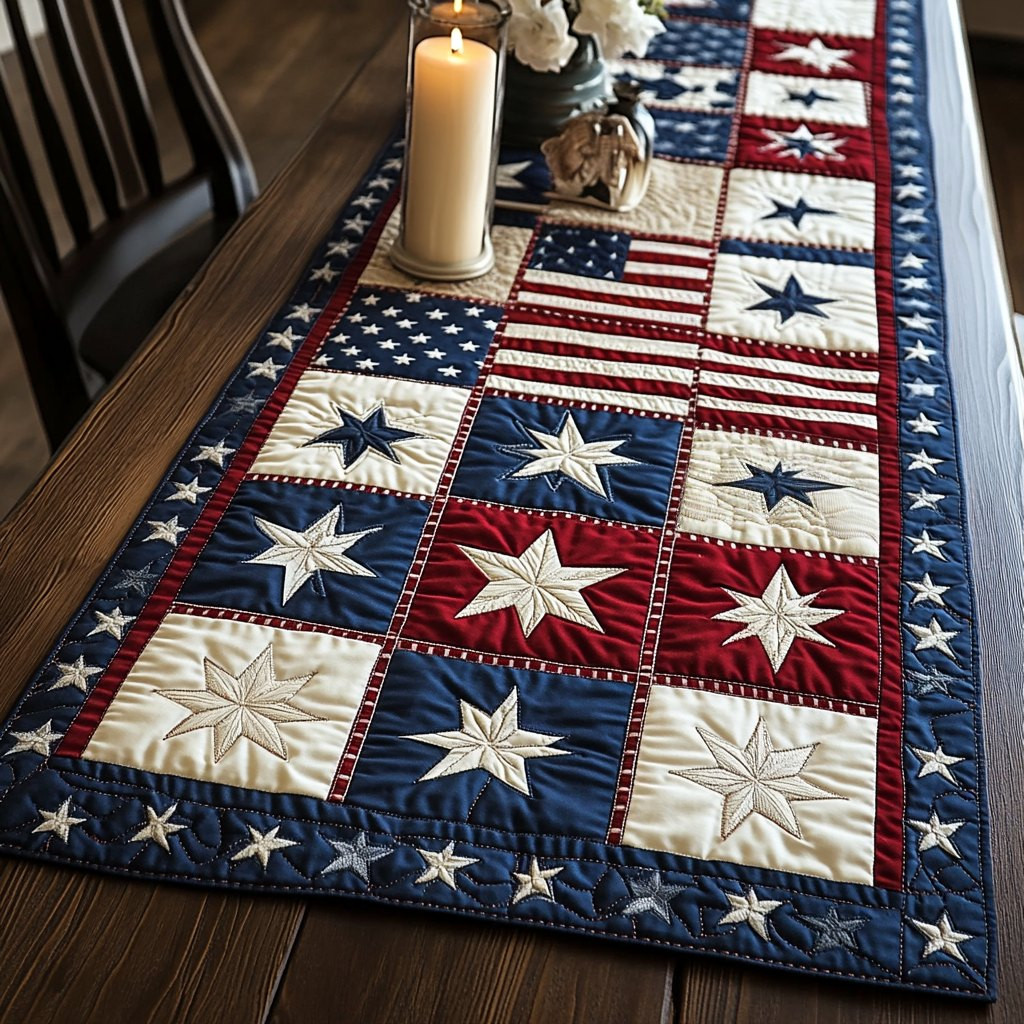 Patriotic Star Blocks with Flag Table Runner - Made to Order TABLE928