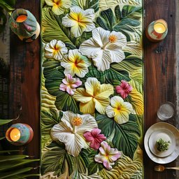 Pastel Hibiscus on Green Leaves Table Runner - Made to Order TABLE928