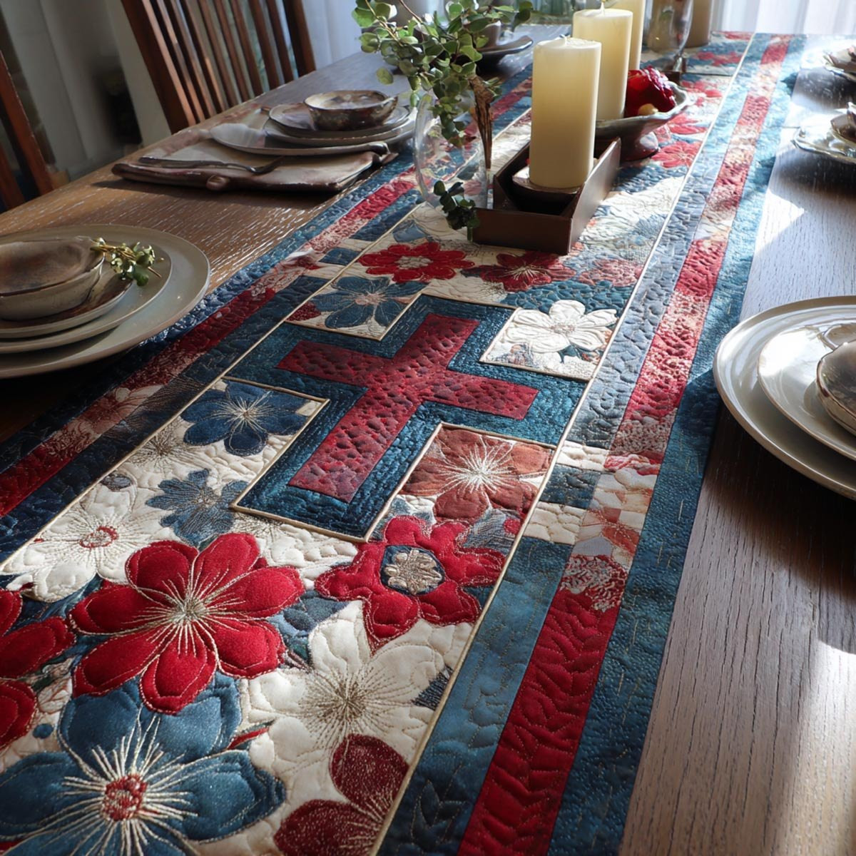 Patriotic Patchwork with Red Blooms Table Runner - Made to Order TABLE928